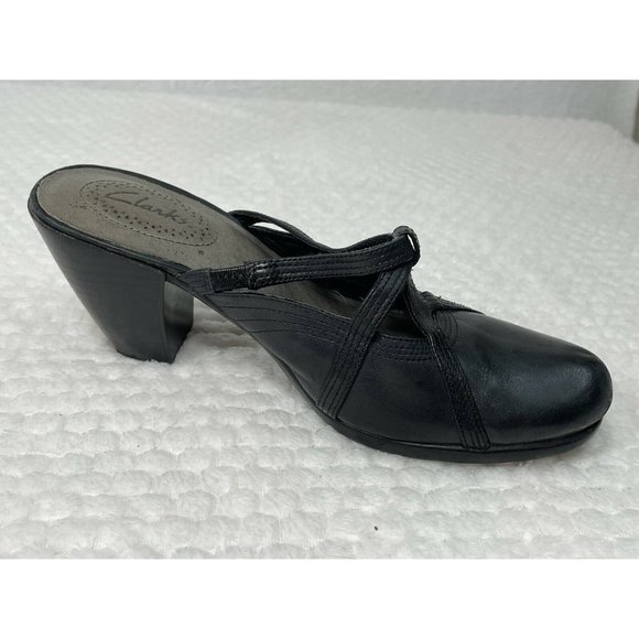 Clarks Black Leather Heels Backless Cutout Strap Size 7.5 - Picture 1 of 7